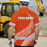 Hi Vis Hawaiian Shirt Reflective Tapes Orange White Polynesian Custom Name Safety Workwear For Workers, Truckers, Operators