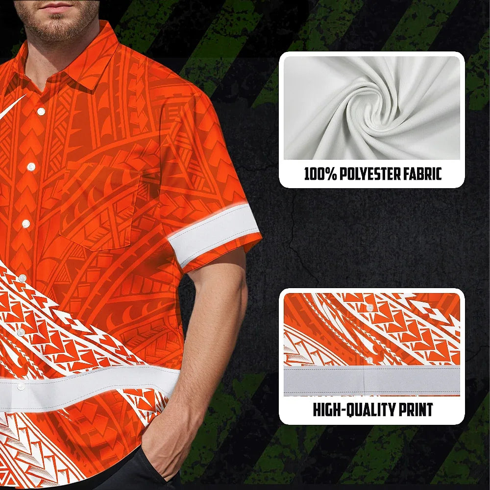 Hi Vis Hawaiian Shirt Reflective Tapes Orange White Polynesian Custom Name Safety Workwear For Workers, Truckers, Operators