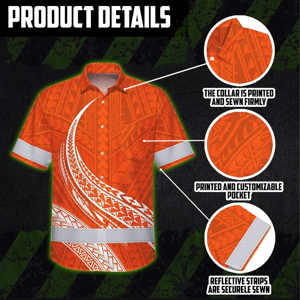 Hi Vis Hawaiian Shirt Reflective Tapes Orange White Polynesian Custom Name Safety Workwear For Workers, Truckers, Operators