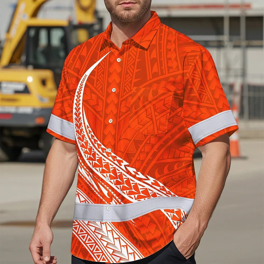 Hi Vis Hawaiian Shirt Reflective Tapes Orange White Polynesian Custom Name Safety Workwear For Workers, Truckers, Operators
