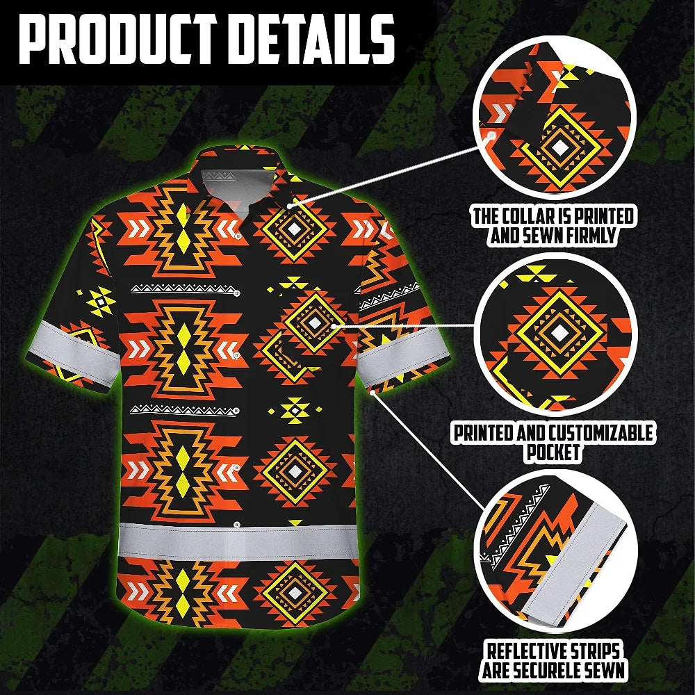 Hi Vis Hawaiian Shirt Reflective Tapes Orange Yellow Native Custom Name Safety Workwear For Workers, Truckers, Operators