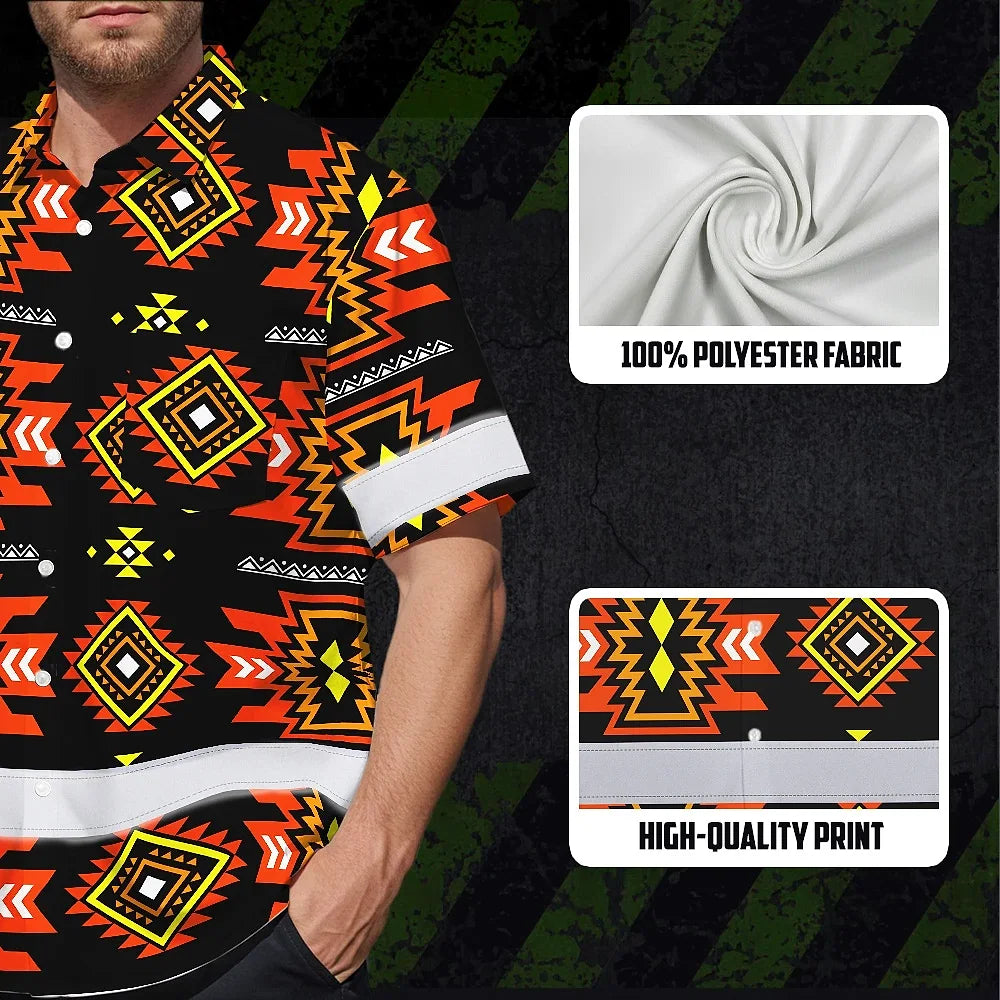 Hi Vis Hawaiian Shirt Reflective Tapes Orange Yellow Native Custom Name Safety Workwear For Workers, Truckers, Operators