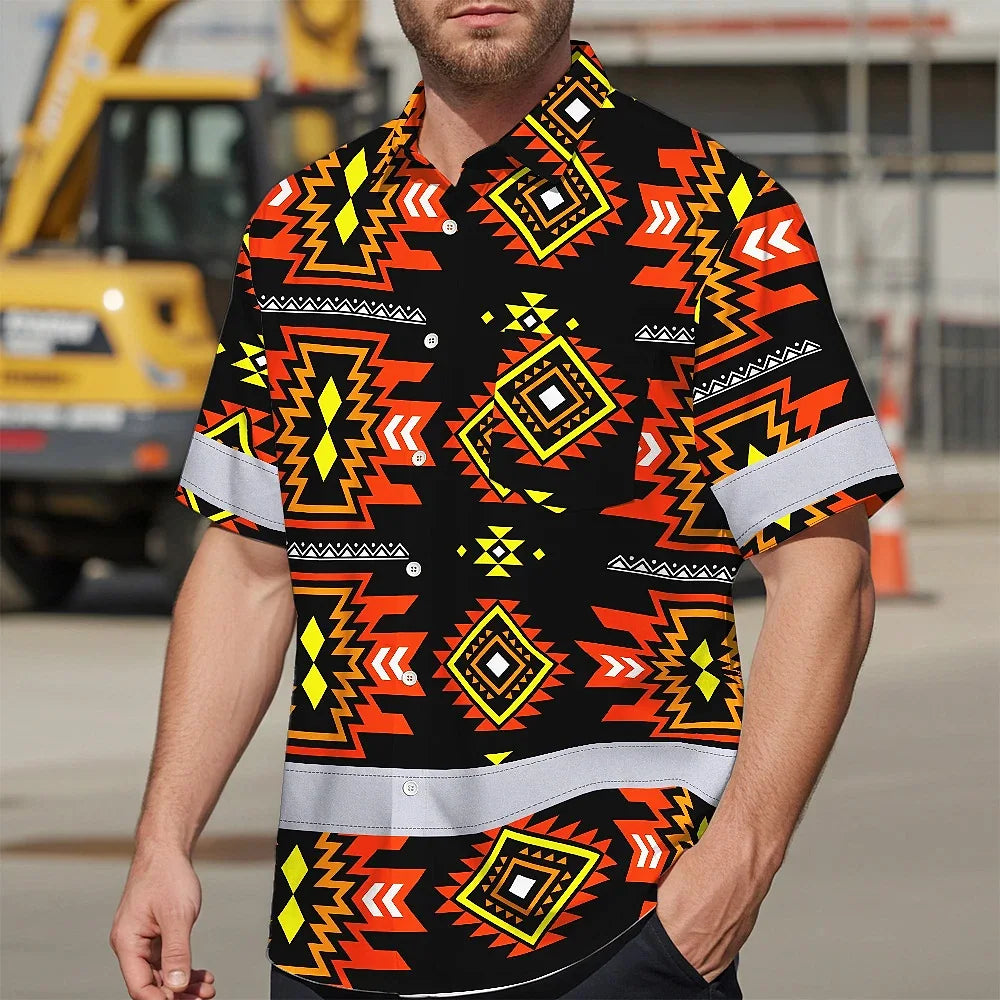 Hi Vis Hawaiian Shirt Reflective Tapes Orange Yellow Native Custom Name Safety Workwear For Workers, Truckers, Operators