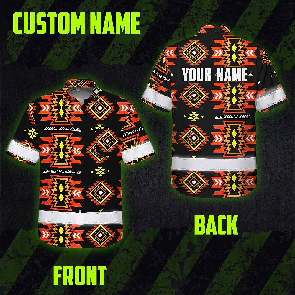 Hi Vis Hawaiian Shirt Reflective Tapes Orange Yellow Native Custom Name Safety Workwear For Workers, Truckers, Operators
