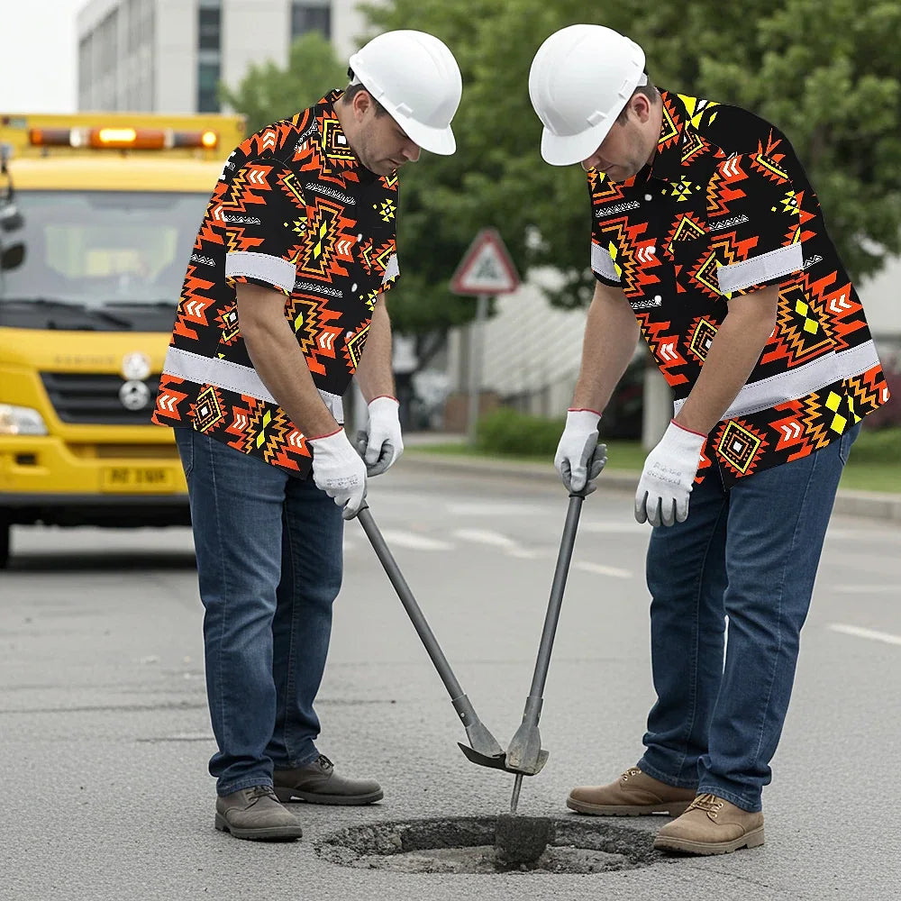 Hi Vis Hawaiian Shirt Reflective Tapes Orange Yellow Native Custom Name Safety Workwear For Workers, Truckers, Operators