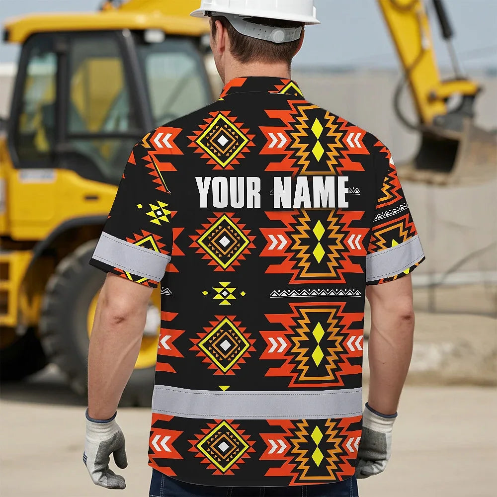 Hi Vis Hawaiian Shirt Reflective Tapes Orange Yellow Native Custom Name Safety Workwear For Workers, Truckers, Operators