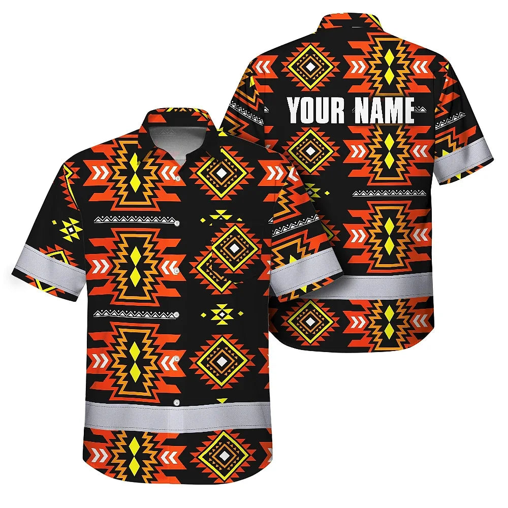 Hi Vis Hawaiian Shirt Reflective Tapes Orange Yellow Native Custom Name Safety Workwear For Workers, Truckers, Operators
