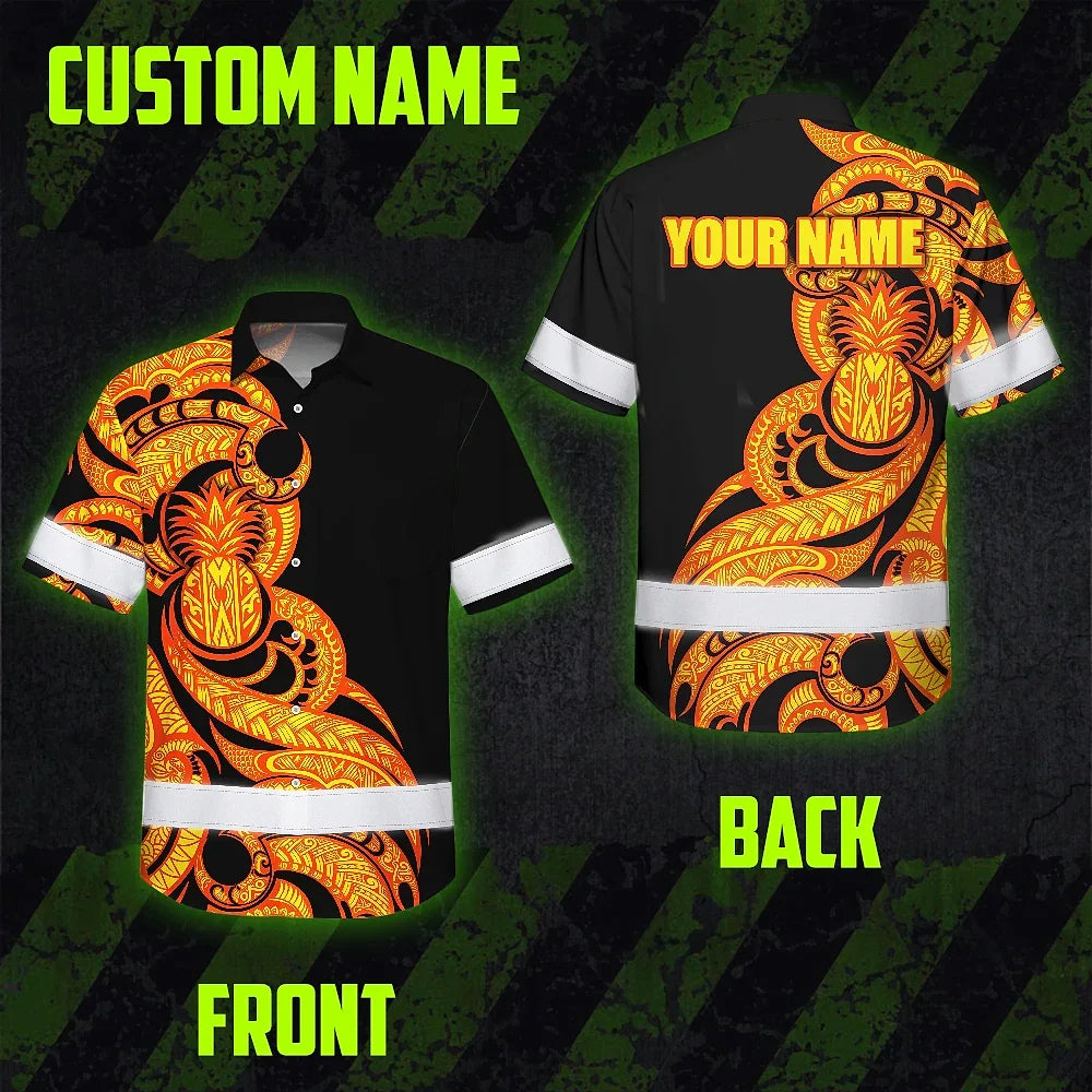 Hi Vis Hawaiian Shirt Reflective Tapes Orange Yellow Neon Polynesian Tribal Custom Name Safety Workwear For Workers, Truckers, Operators