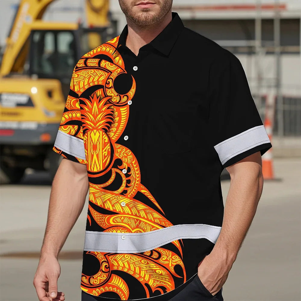 Hi Vis Hawaiian Shirt Reflective Tapes Orange Yellow Neon Polynesian Tribal Custom Name Safety Workwear For Workers, Truckers, Operators