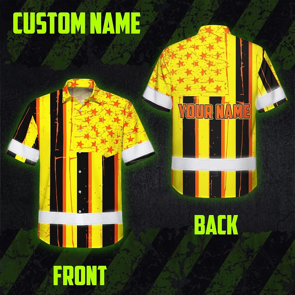 Hi Vis Hawaiian Shirt Reflective Tapes Orange Yellow US Flag Custom Name Safety Workwear For Workers, Truckers, Operators