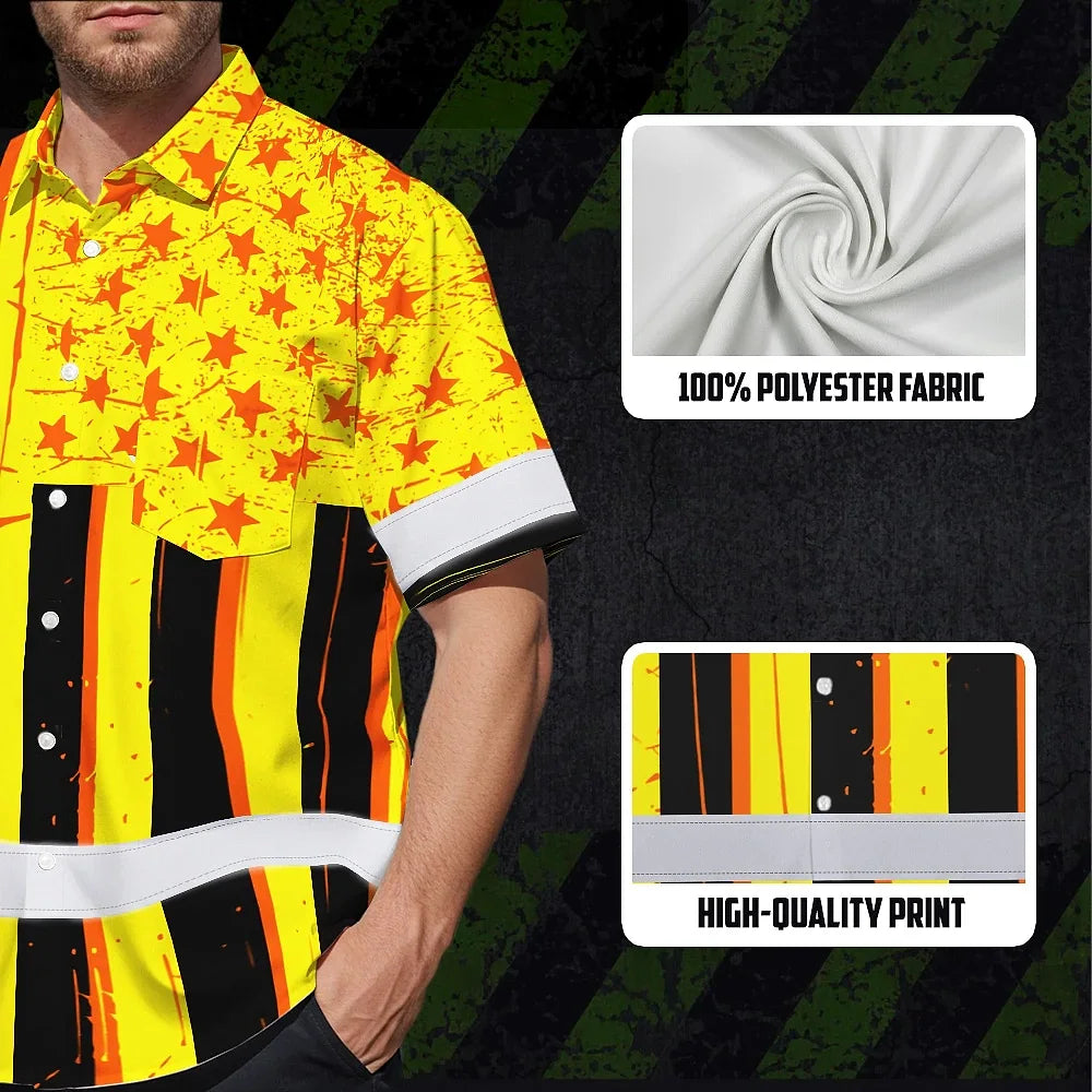 Hi Vis Hawaiian Shirt Reflective Tapes Orange Yellow US Flag Custom Name Safety Workwear For Workers, Truckers, Operators