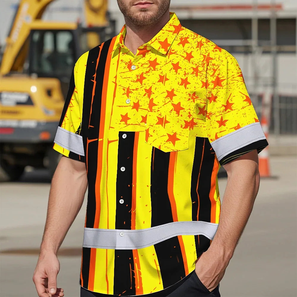Hi Vis Hawaiian Shirt Reflective Tapes Orange Yellow US Flag Custom Name Safety Workwear For Workers, Truckers, Operators