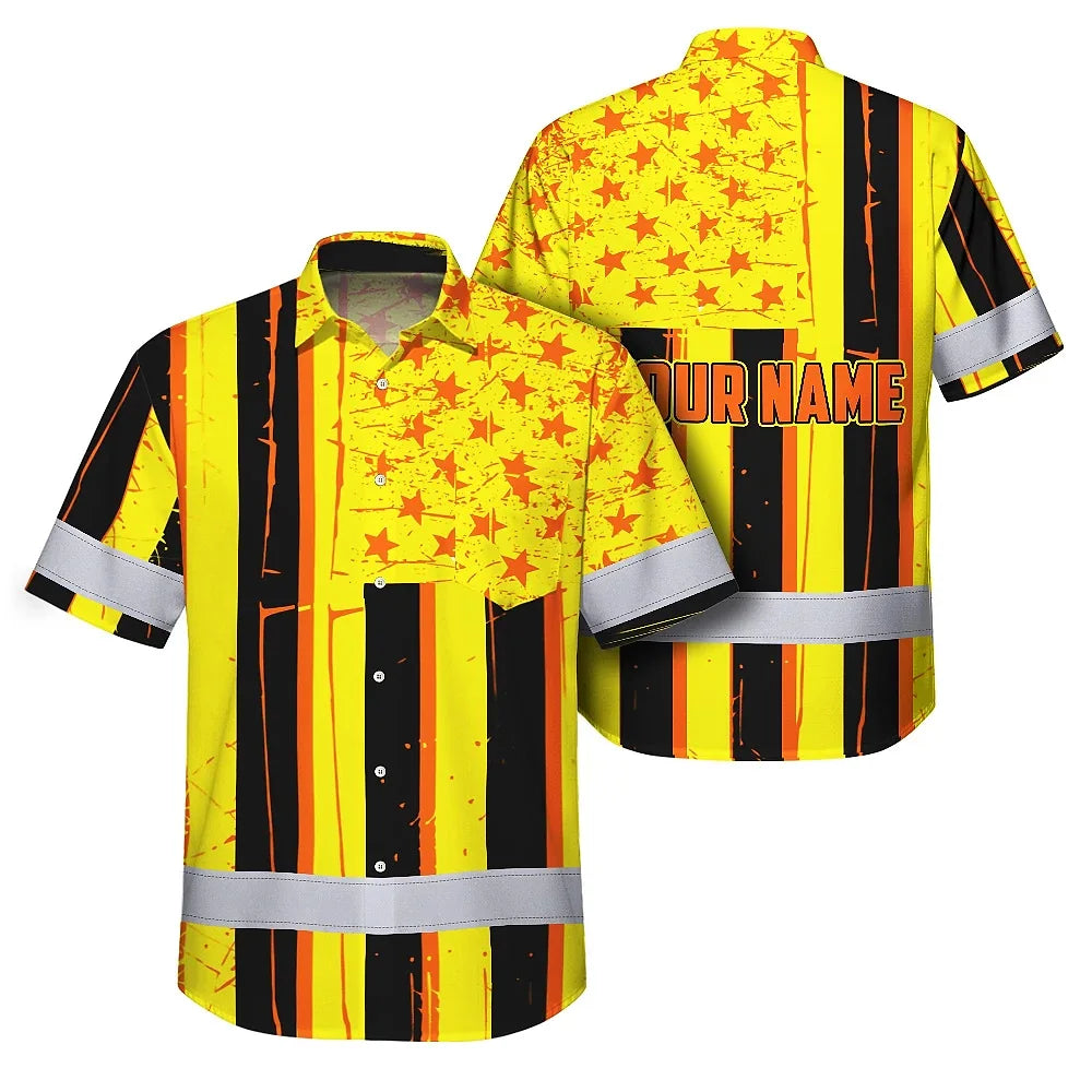 Hi Vis Hawaiian Shirt Reflective Tapes Orange Yellow US Flag Custom Name Safety Workwear For Workers, Truckers, Operators
