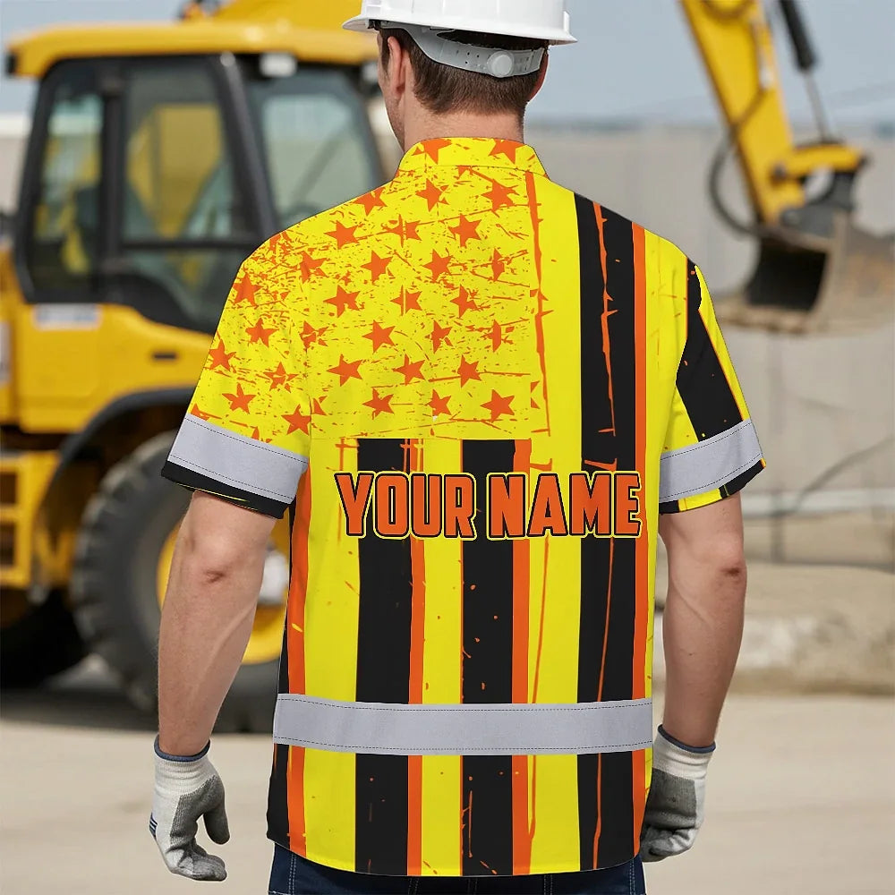 Hi Vis Hawaiian Shirt Reflective Tapes Orange Yellow US Flag Custom Name Safety Workwear For Workers, Truckers, Operators