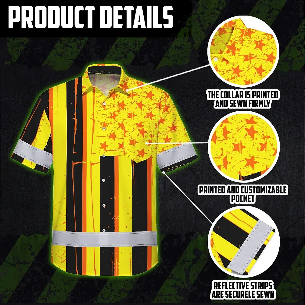 Hi Vis Hawaiian Shirt Reflective Tapes Orange Yellow US Flag Custom Name Safety Workwear For Workers, Truckers, Operators