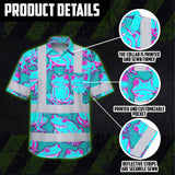 Hi Vis Hawaiian Shirt Reflective Tapes Pink And Blue Neon Frog Custom Name Safety Workwear For Workers, Truckers, Operators