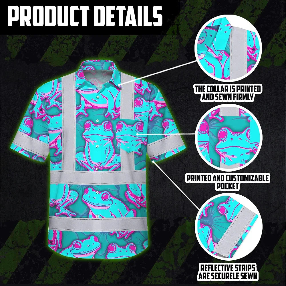 Hi Vis Hawaiian Shirt Reflective Tapes Pink And Blue Neon Frog Custom Name Safety Workwear For Workers, Truckers, Operators
