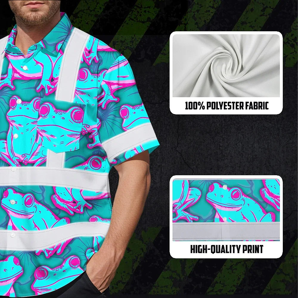 Hi Vis Hawaiian Shirt Reflective Tapes Pink And Blue Neon Frog Custom Name Safety Workwear For Workers, Truckers, Operators