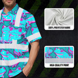Hi Vis Hawaiian Shirt Reflective Tapes Pink And Blue Neon Frog Custom Name Safety Workwear For Workers, Truckers, Operators