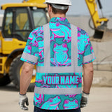 Hi Vis Hawaiian Shirt Reflective Tapes Pink And Blue Neon Frog Custom Name Safety Workwear For Workers, Truckers, Operators