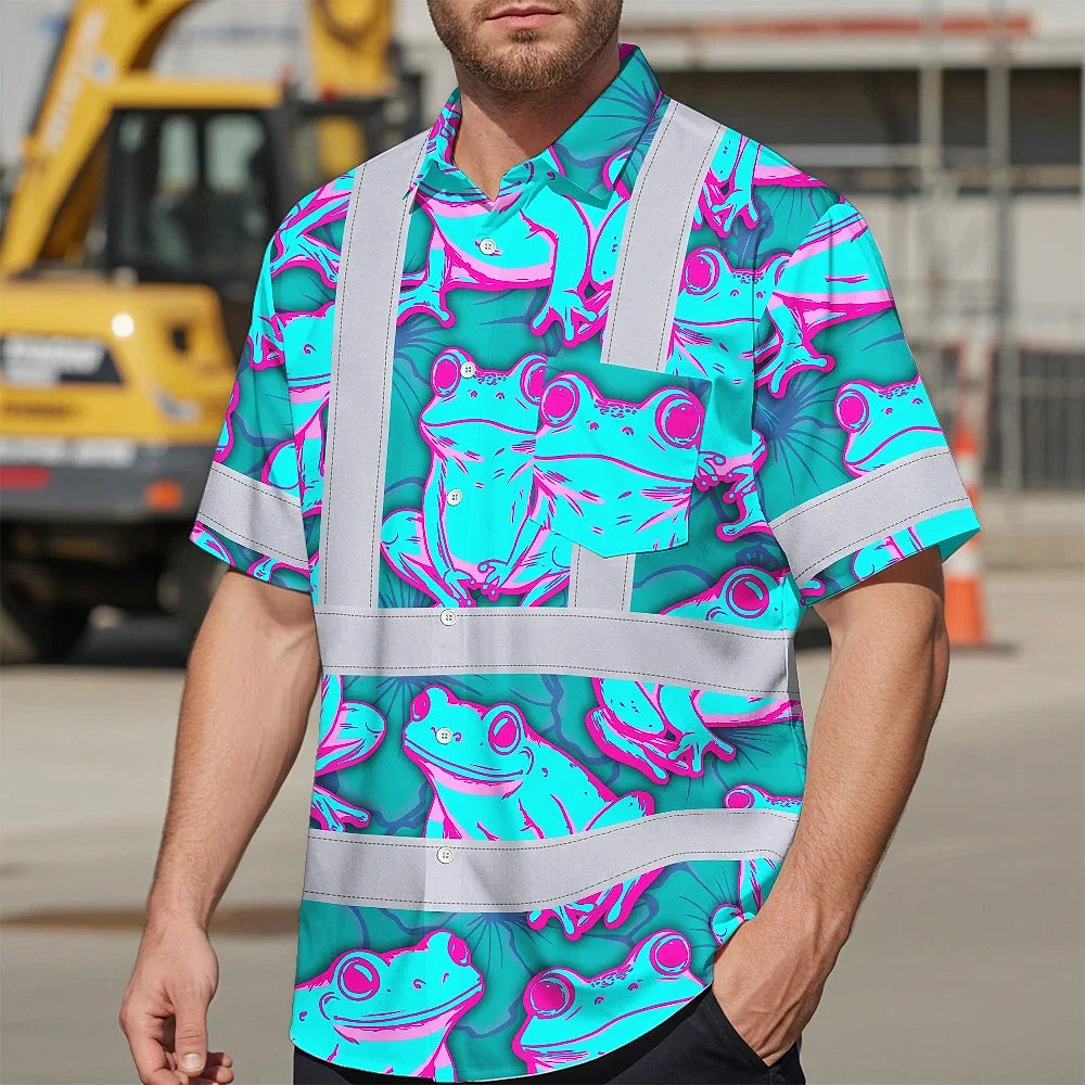 Hi Vis Hawaiian Shirt Reflective Tapes Pink And Blue Neon Frog Custom Name Safety Workwear For Workers, Truckers, Operators