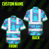 Hi Vis Hawaiian Shirt Reflective Tapes Pink And Blue Neon Frog Custom Name Safety Workwear For Workers, Truckers, Operators