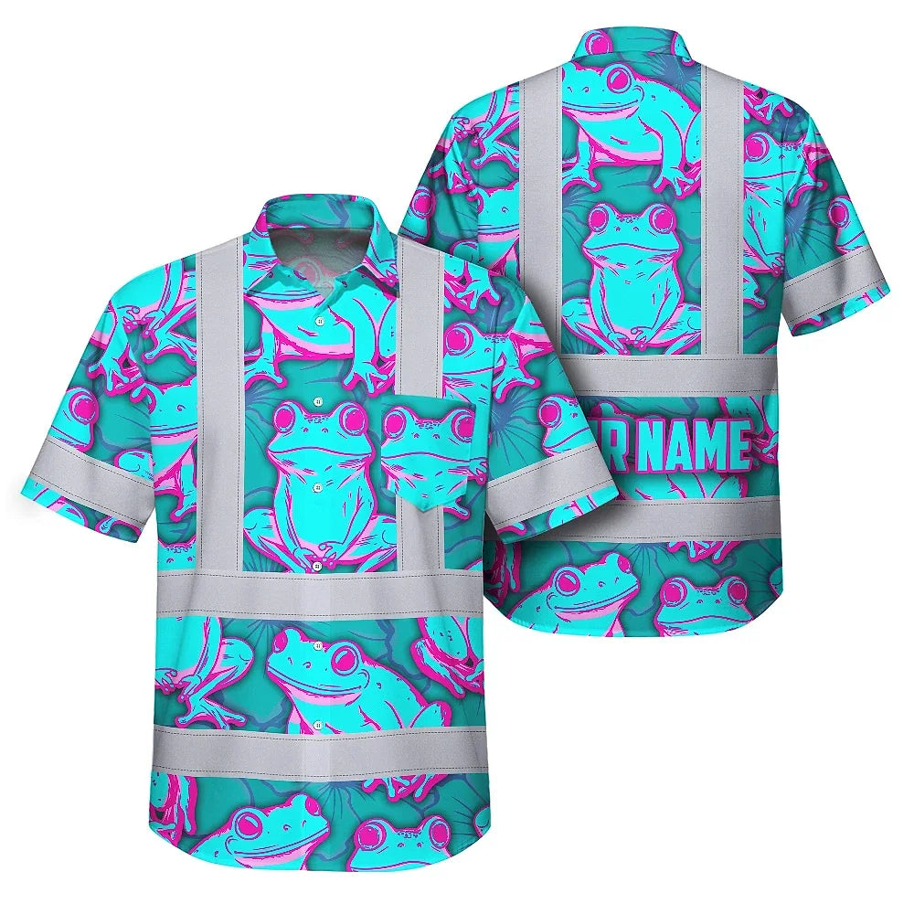 Hi Vis Hawaiian Shirt Reflective Tapes Pink And Blue Neon Frog Custom Name Safety Workwear For Workers, Truckers, Operators