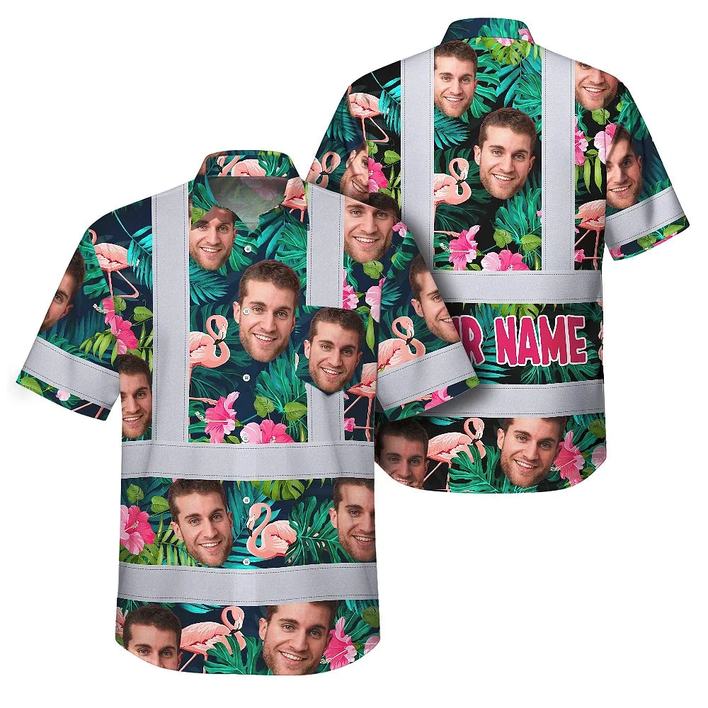 Hi Vis Hawaiian Shirt Reflective Tapes Pink And Green 2 Custom Name And Image Safety Workwear For Workers, Truckers, Operators
