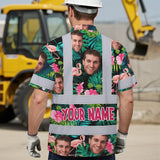 Hi Vis Hawaiian Shirt Reflective Tapes Pink And Green 2 Custom Name And Image Safety Workwear For Workers, Truckers, Operators