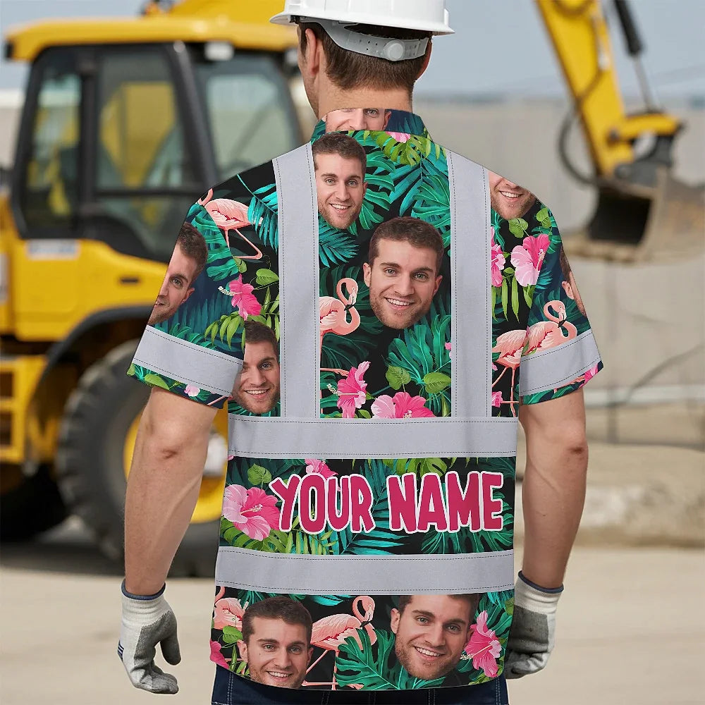 Hi Vis Hawaiian Shirt Reflective Tapes Pink And Green 2 Custom Name And Image Safety Workwear For Workers, Truckers, Operators