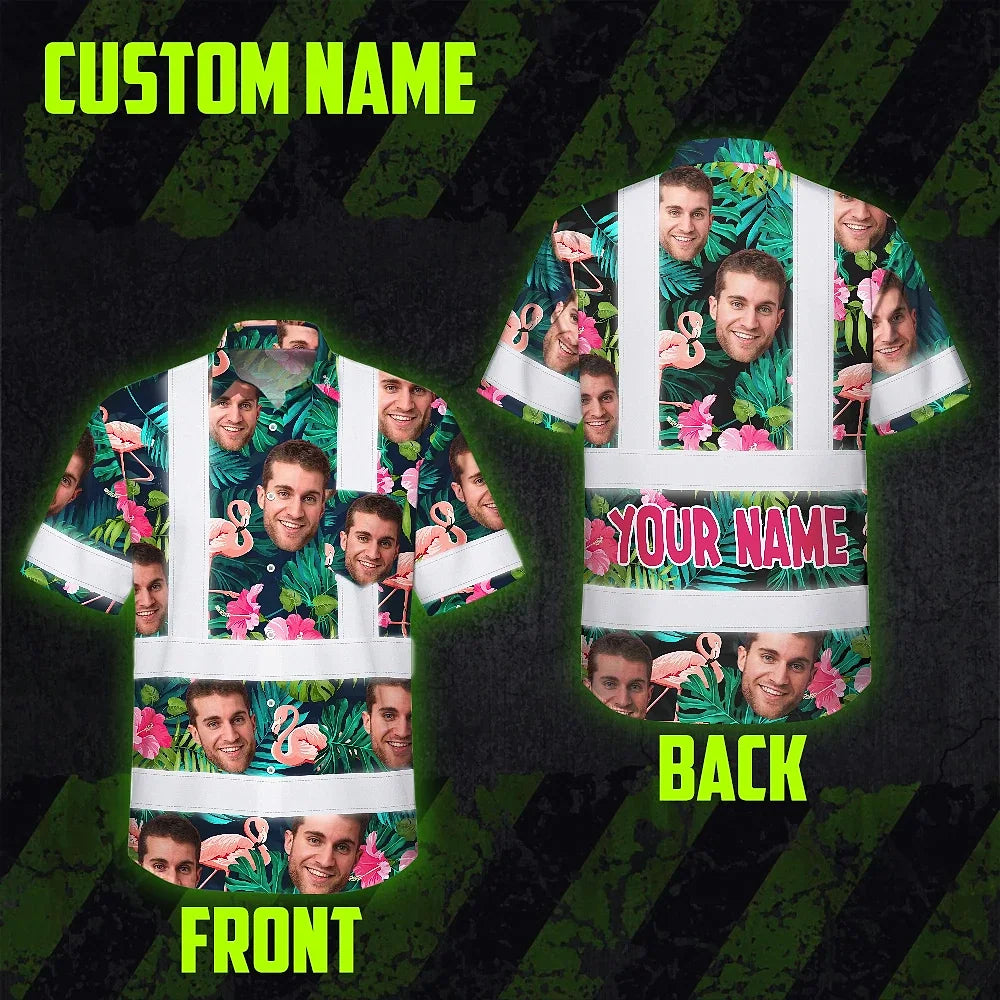 Hi Vis Hawaiian Shirt Reflective Tapes Pink And Green 2 Custom Name And Image Safety Workwear For Workers, Truckers, Operators