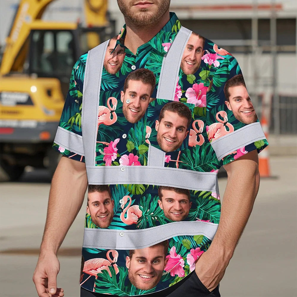 Hi Vis Hawaiian Shirt Reflective Tapes Pink And Green 2 Custom Name And Image Safety Workwear For Workers, Truckers, Operators