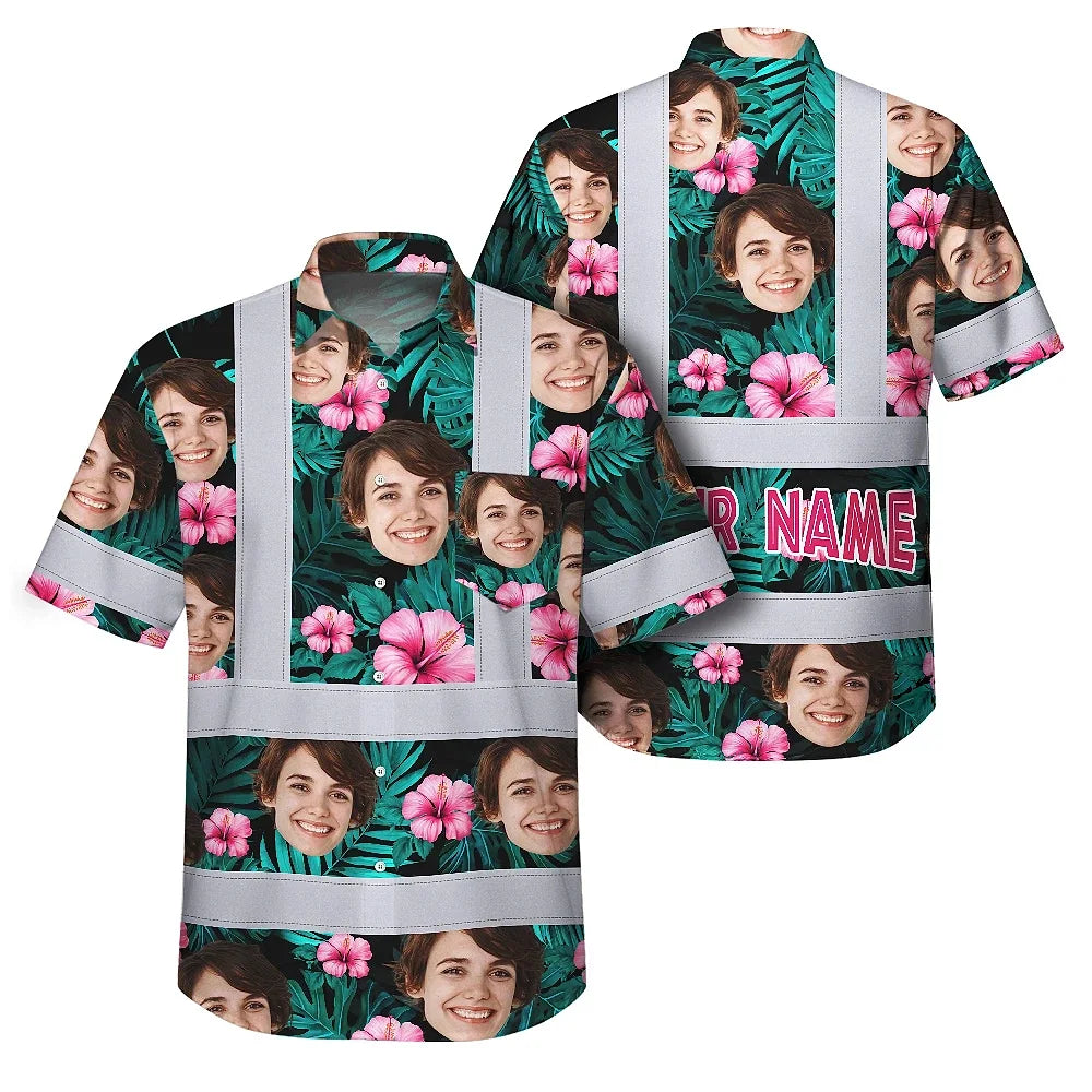 Hi Vis Hawaiian Shirt Reflective Tapes Pink And Green Custom Name And Image Safety Workwear For Workers, Truckers, Operators