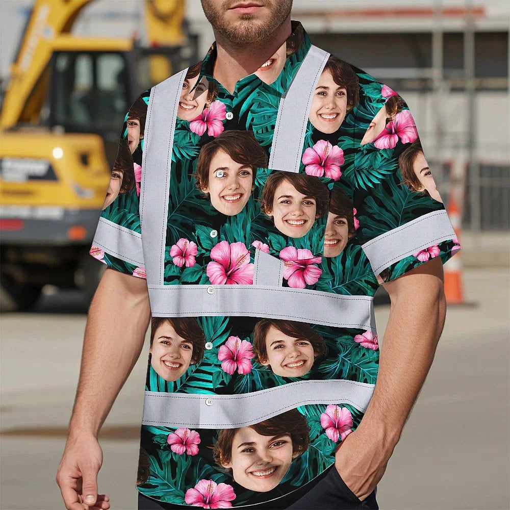 Hi Vis Hawaiian Shirt Reflective Tapes Pink And Green Custom Name And Image Safety Workwear For Workers, Truckers, Operators