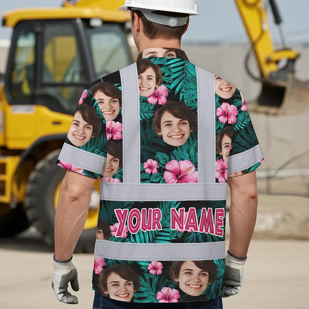 Hi Vis Hawaiian Shirt Reflective Tapes Pink And Green Custom Name And Image Safety Workwear For Workers, Truckers, Operators