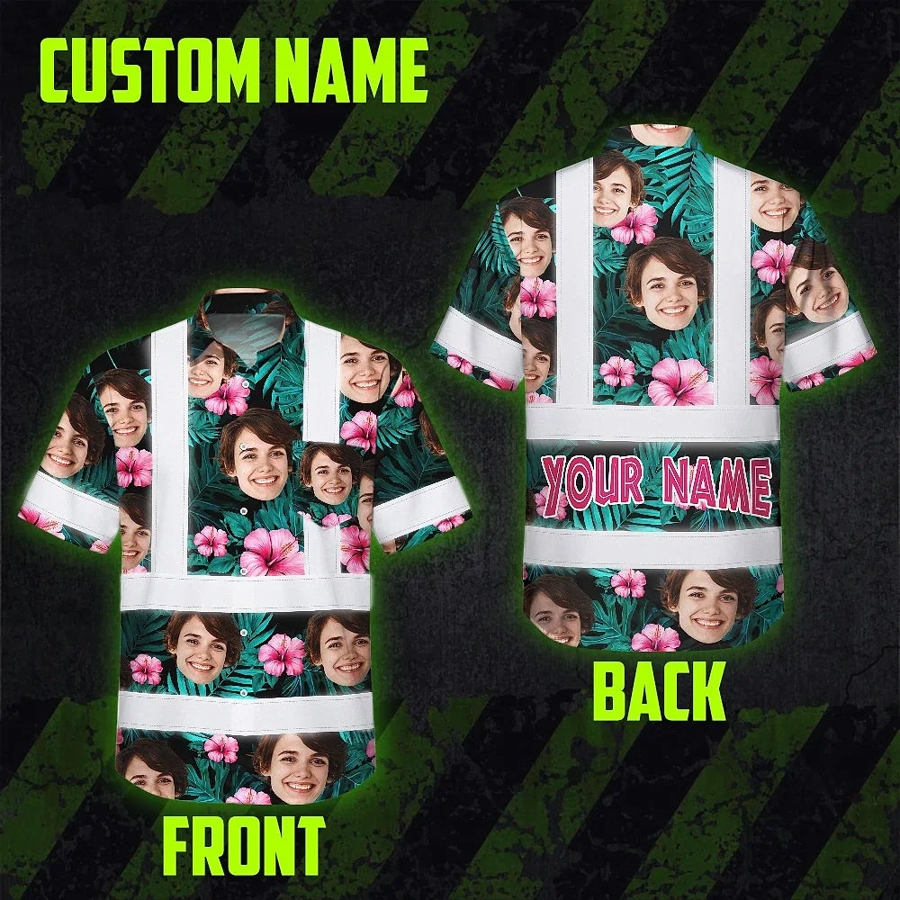 Hi Vis Hawaiian Shirt Reflective Tapes Pink And Green Custom Name And Image Safety Workwear For Workers, Truckers, Operators