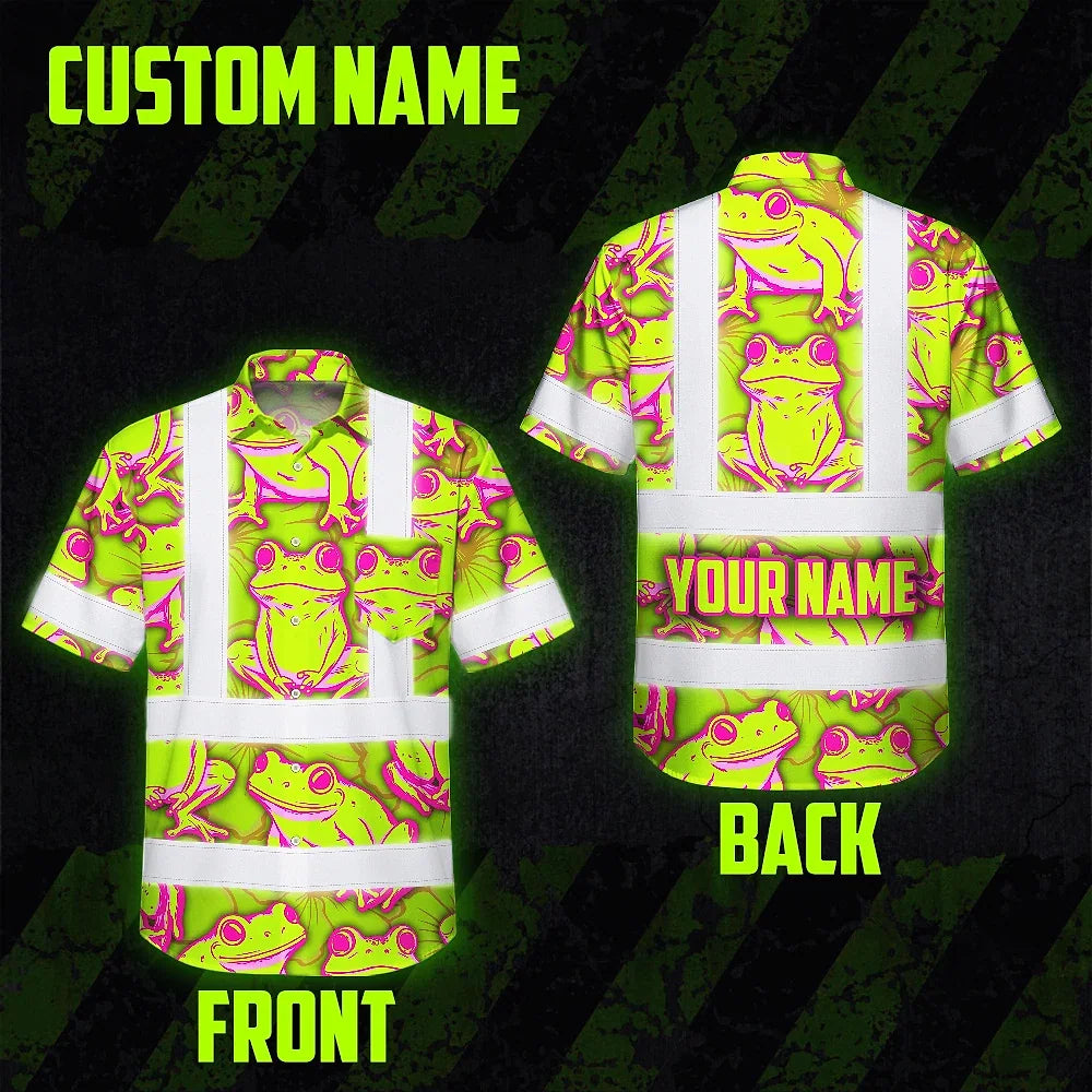 Hi Vis Hawaiian Shirt Reflective Tapes Pink And Lime Neon Frog Custom Name Safety Workwear For Workers, Truckers, Operators