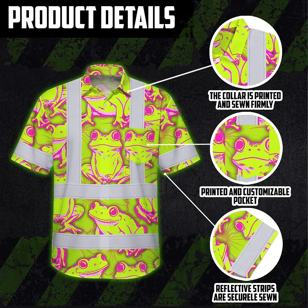 Hi Vis Hawaiian Shirt Reflective Tapes Pink And Lime Neon Frog Custom Name Safety Workwear For Workers, Truckers, Operators