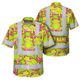 Hi Vis Hawaiian Shirt Reflective Tapes Pink And Lime Neon Frog Custom Name Safety Workwear For Workers, Truckers, Operators