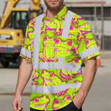 Hi Vis Hawaiian Shirt Reflective Tapes Pink And Lime Neon Frog Custom Name Safety Workwear For Workers, Truckers, Operators