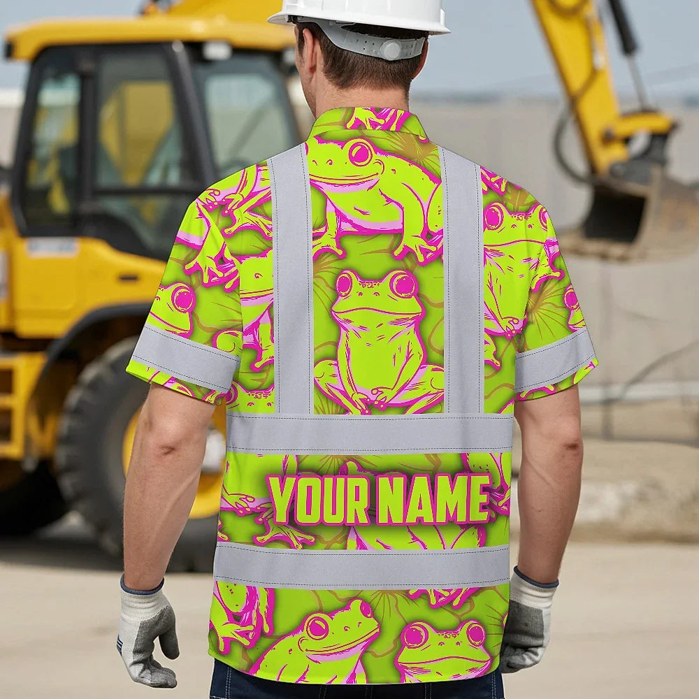 Hi Vis Hawaiian Shirt Reflective Tapes Pink And Lime Neon Frog Custom Name Safety Workwear For Workers, Truckers, Operators