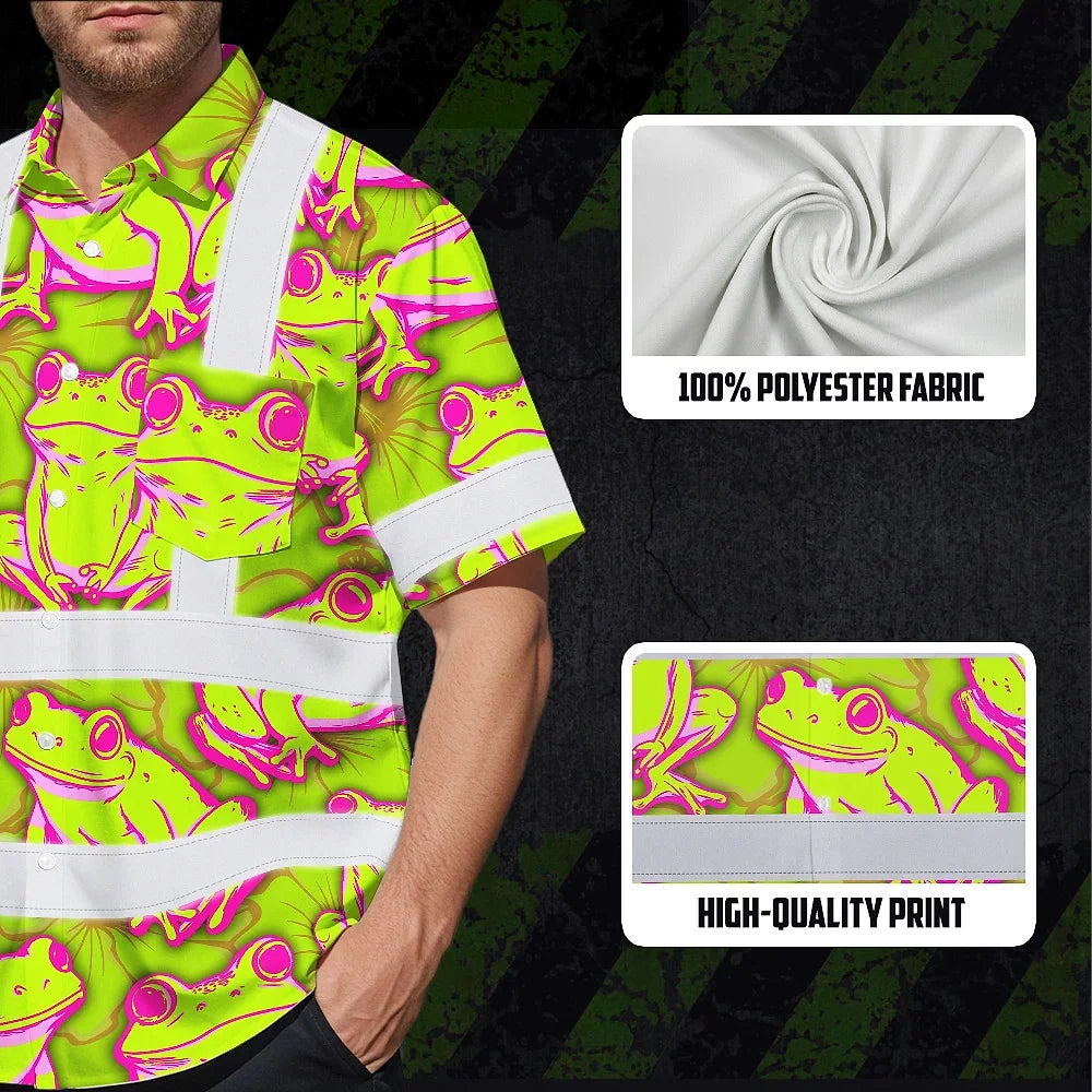 Hi Vis Hawaiian Shirt Reflective Tapes Pink And Lime Neon Frog Custom Name Safety Workwear For Workers, Truckers, Operators