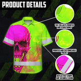 Hi Vis Hawaiian Shirt Reflective Tapes Pink And Lime Neon Skull Custom Name Safety Workwear For Workers, Truckers, Operators