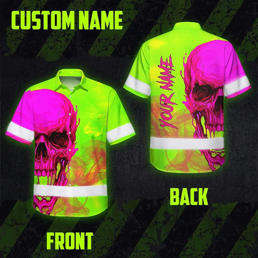 Hi Vis Hawaiian Shirt Reflective Tapes Pink And Lime Neon Skull Custom Name Safety Workwear For Workers, Truckers, Operators