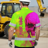 Hi Vis Hawaiian Shirt Reflective Tapes Pink And Lime Neon Skull Custom Name Safety Workwear For Workers, Truckers, Operators