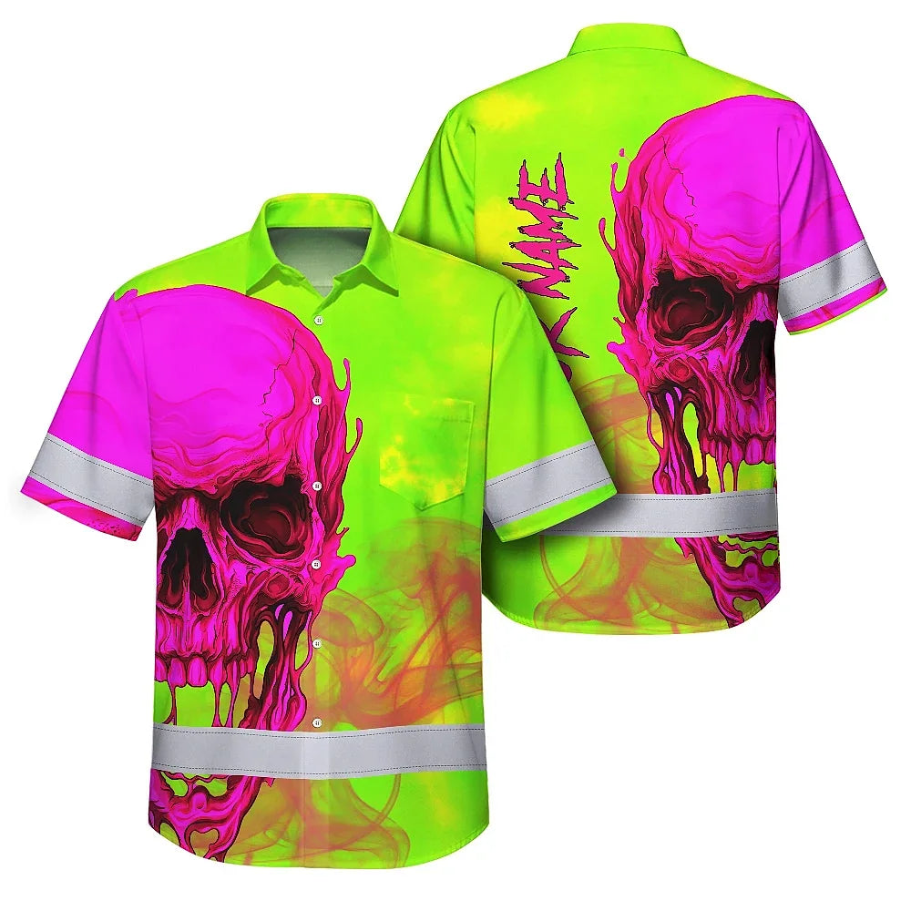 Hi Vis Hawaiian Shirt Reflective Tapes Pink And Lime Neon Skull Custom Name Safety Workwear For Workers, Truckers, Operators