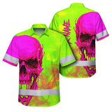 Hi Vis Hawaiian Shirt Reflective Tapes Pink And Lime Neon Skull Custom Name Safety Workwear For Workers, Truckers, Operators