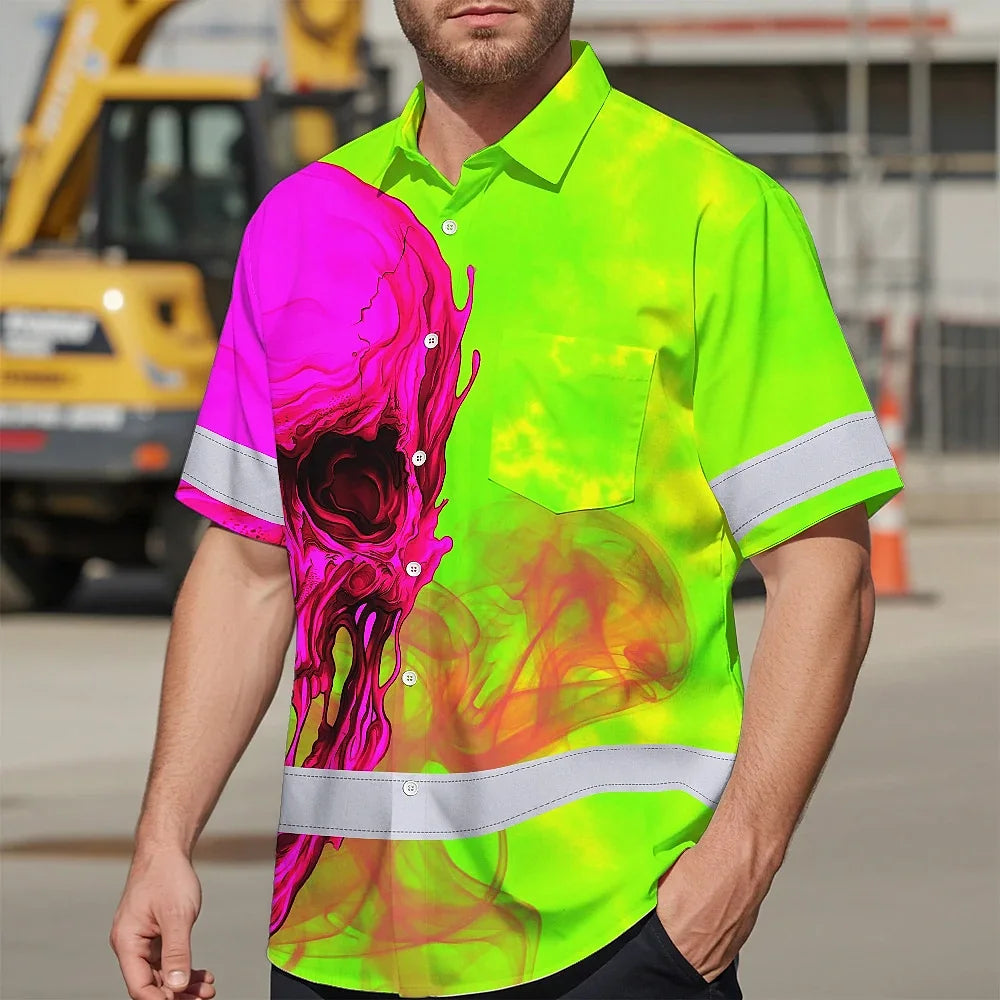 Hi Vis Hawaiian Shirt Reflective Tapes Pink And Lime Neon Skull Custom Name Safety Workwear For Workers, Truckers, Operators