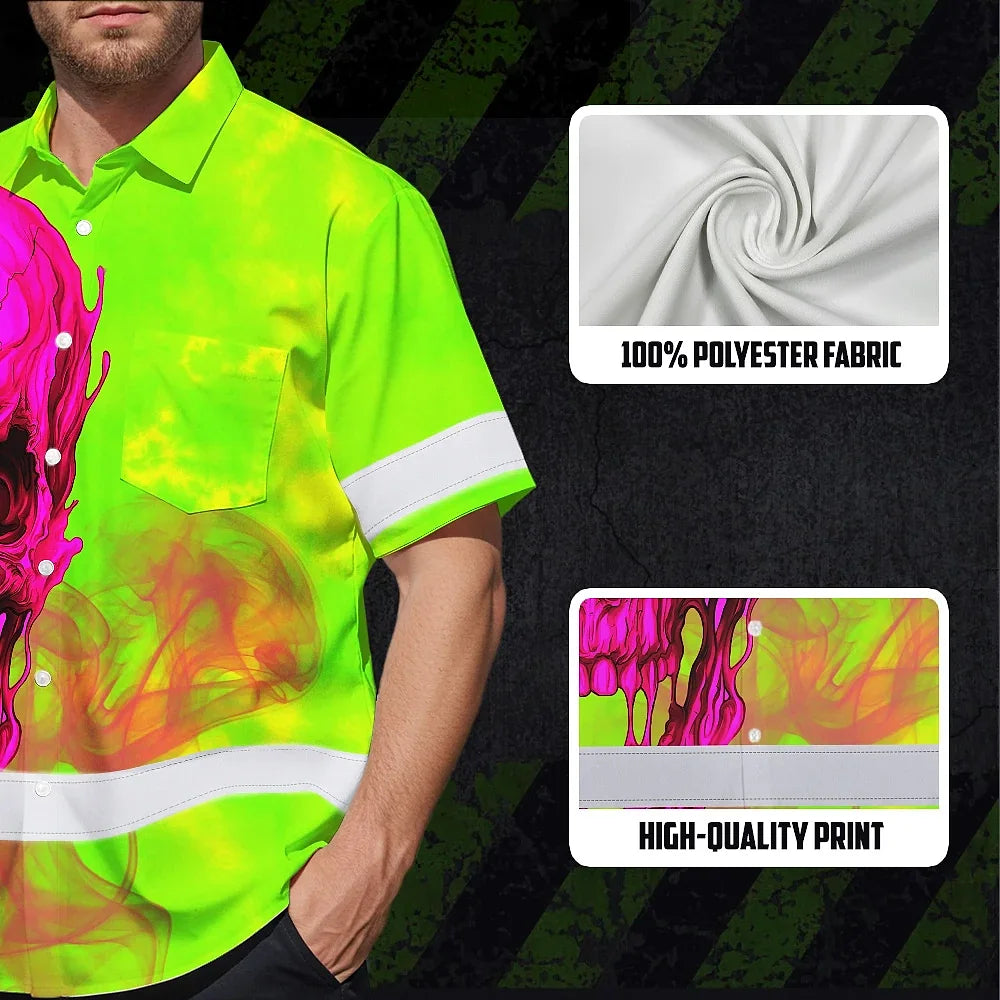 Hi Vis Hawaiian Shirt Reflective Tapes Pink And Lime Neon Skull Custom Name Safety Workwear For Workers, Truckers, Operators