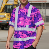 Hi Vis Hawaiian Shirt Reflective Tapes Pink And Violet Neon Frog Custom Name Safety Workwear For Workers, Truckers, Operators